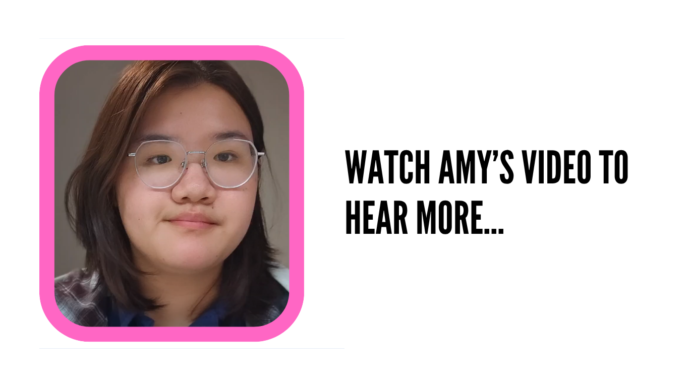 A student named Amy with brown hair and glasses is pictured in a pink rounded frame. To the right, bold black text reads, 